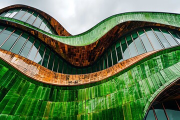 Obraz premium A futuristic building resembling a sliced kiwi, with green and brown facades and a textured surface.