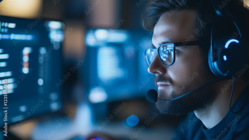 Poster focused programmer: a concentrated programmer wearing glasses and a headset, intensely focused on li