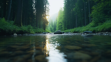 Obraz premium Forest River at Dawn: Sunlight streams through a dense forest, illuminating a calm river flowing between lush green banks and smooth stones. The scene is serene and inviting.