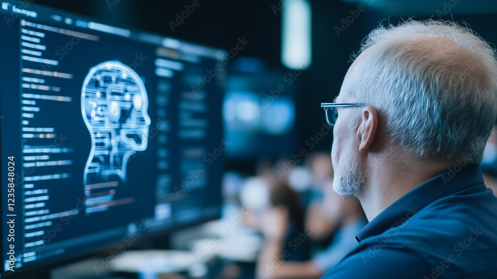 Poster senior programmer analyzing neural network data