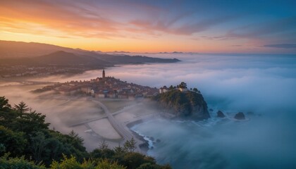 Fototapeta premium Evening fog rolling into a coastal town