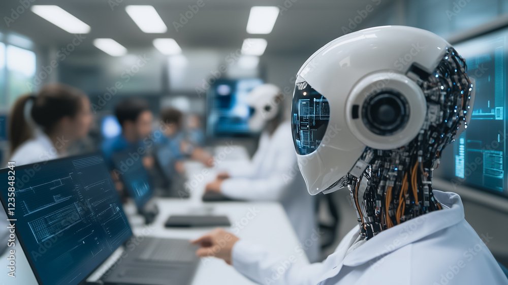 Poster ai in the lab: a futuristic image capturing the integration of ai into the world of science. a human