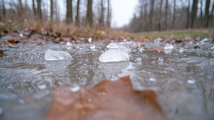 Fototapeta premium Ice chunks in puddle, autumn forest background. Stock photo for weather, nature