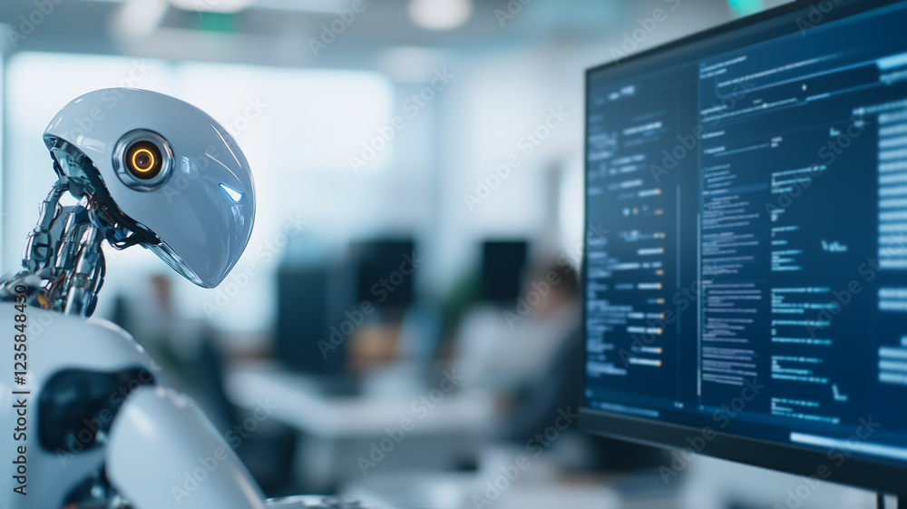 Poster ai development: a futuristic robotic head sits beside a computer screen displaying complex code, sym