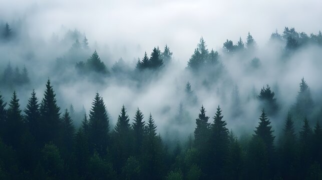 Foggy morning in a mysterious pine forest, thick mist covering treetops, calm moody landscape with blue and green tones, tranquil atmospheric nature scenery, fantasy woodland background