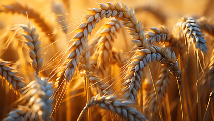 Golden ripe wheat field, under bright sunlight.