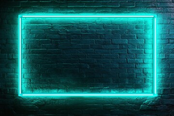 Teal neon rectangular frame on dark brick wall. (1)