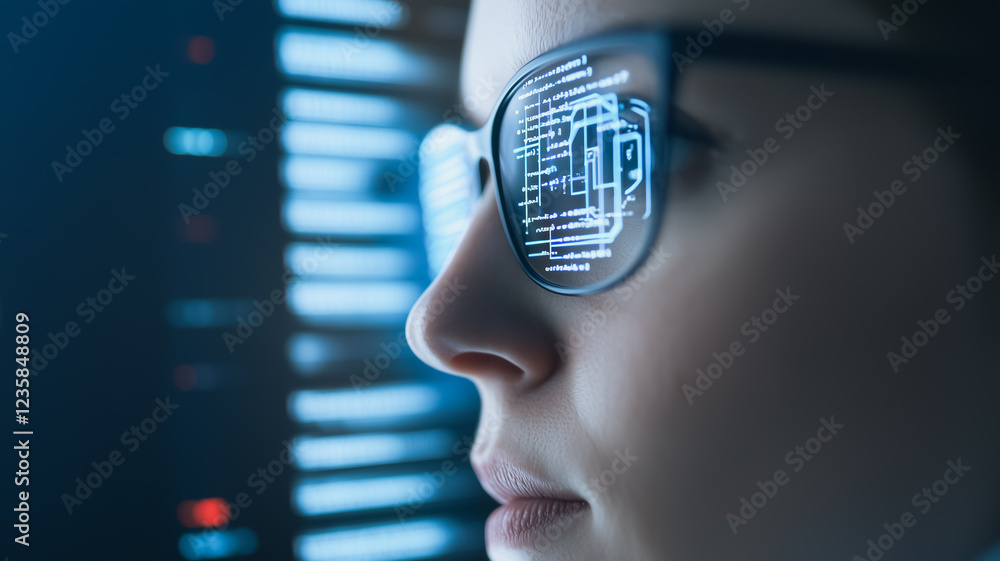 Poster code reflection: a woman's profile is illuminated, her glasses reflecting lines of code, suggesting 