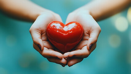 Hand holding red heart on blue background.