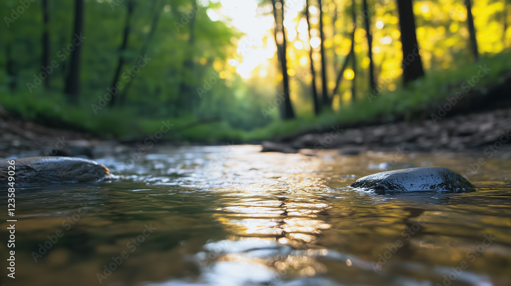 Poster forest stream at sunset: a tranquil stream flows through a lush forest, sunlight filtering through t