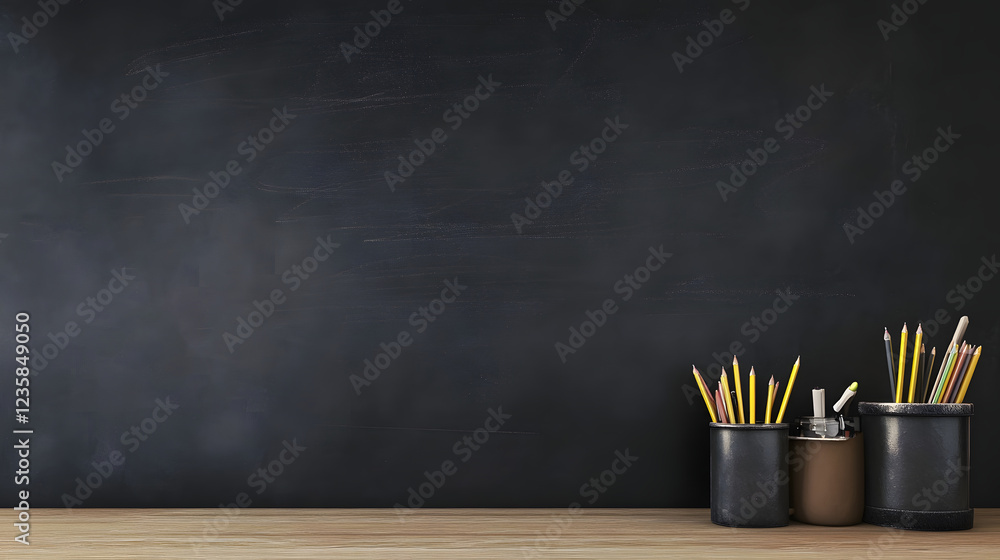 Poster chalkboard and various school and office supplies such as pencils crayons chalk and stationery arran