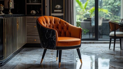 Stylish modern armchair with a vibrant orange cushion, set in a chic interior, exuding elegance and comfort in a bright, inviting space.