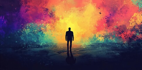 Obraz premium Man Silhouette Facing Vibrant Colorful Abstract Background