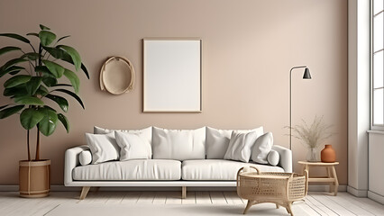 Home living room interior mockup, white, Scandinavian color concept.