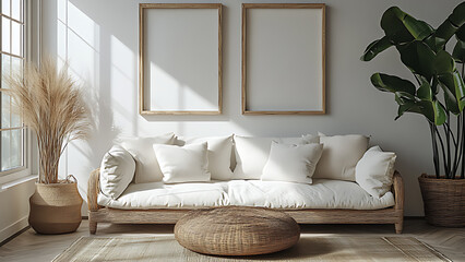 Home living room interior mockup, white, Scandinavian color concept.