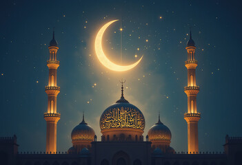 Ramadan Kareem background glow light mosque dome with Arabic calligraphy and geometric Ramadan pattern