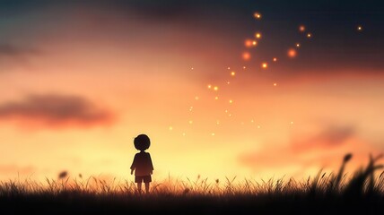 Fototapeta premium A child stands in a serene landscape, gazing at a magical sunset filled with sparkling lights, evoking a sense of wonder. People raise arm stand in field.