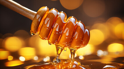 Honey drops from a special wooden honey spoon, blurred background.