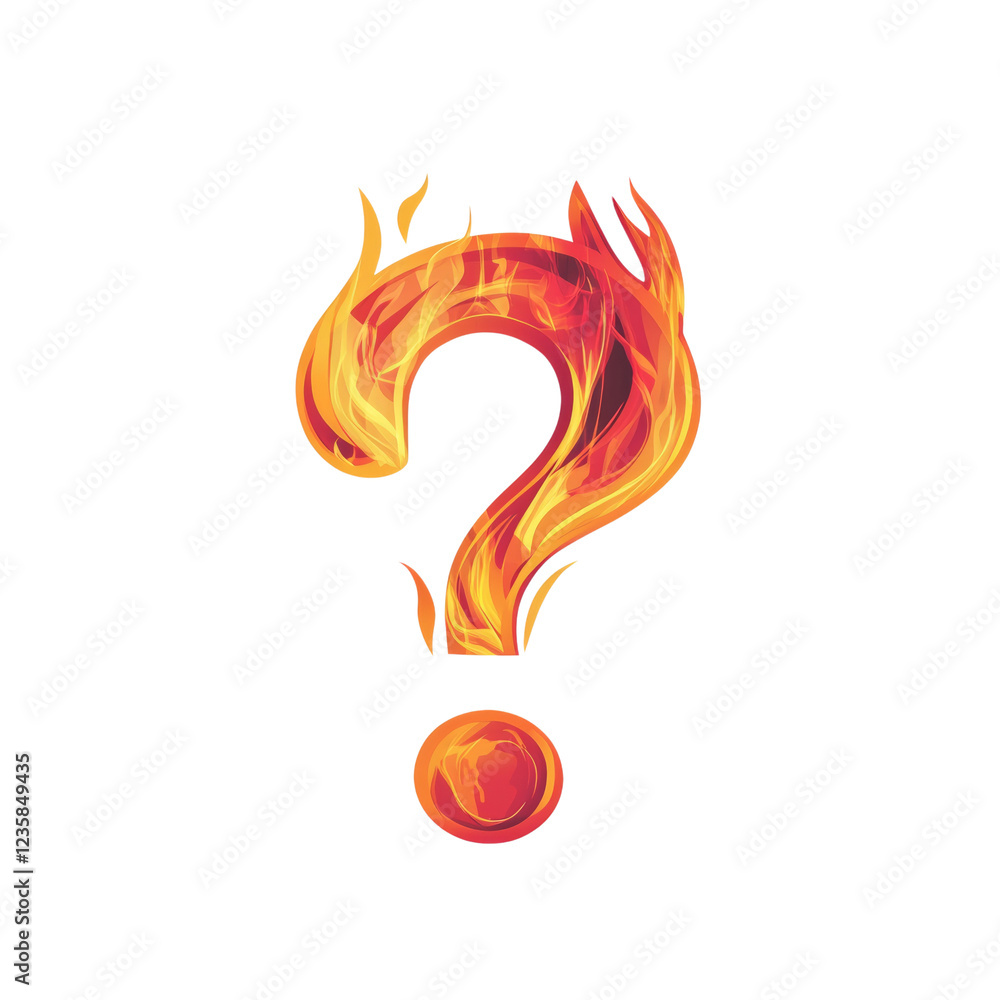 Poster A flaming question mark graphic with a fiery orb below it symbolizes burning questions and mystery.
