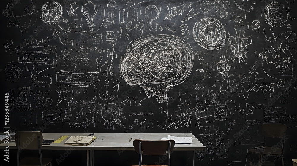 Poster Chalkboard covered in conceptual sketches doodles and diagrams symbolizing the process of brainstorming creative thinking problem solving and idea development
