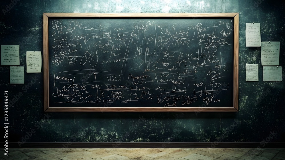 Poster chalkboard filled with academic and scientific formulas equations and diagrams in classroom setting 