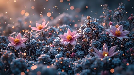 Magical pink flowers bloom in a dreamlike enchanted garden at dusk, illuminated by glowing lights.