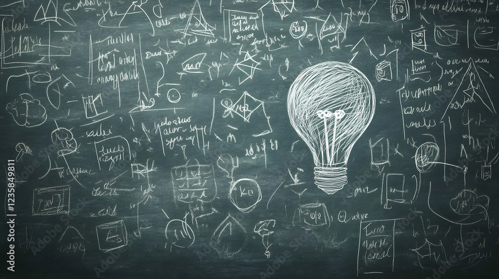 Poster Chalkboard filled with various mathematical formulas scientific diagrams and creative sketches symbolizing the process of innovation discovery and the pursuit of knowledge