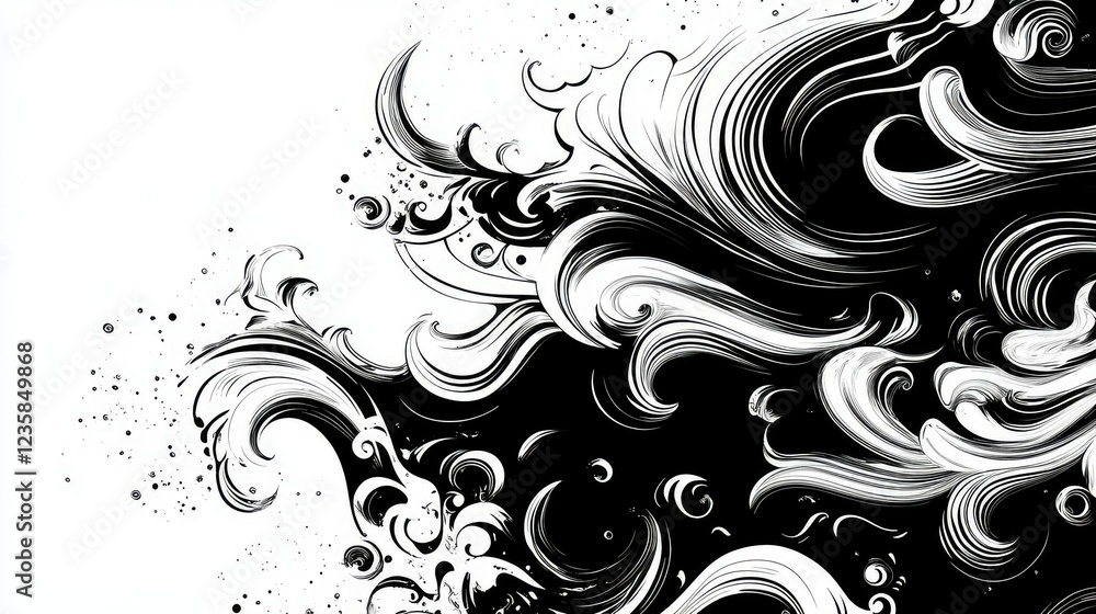 Poster abstract black and white swirling patterns with dynamic lines and shapes, artistic elements for back