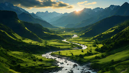 Lush green mountains with a river flowing through the valley between them, sunlight background.