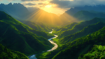 Lush green mountains with a river flowing through the valley between them, sunlight background.