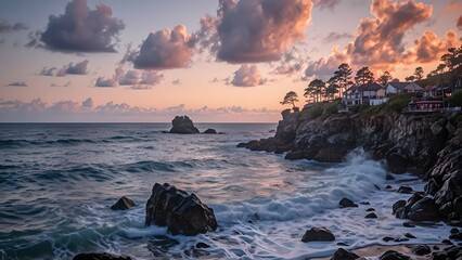 Obraz premium Dramatic ocean waves crashing on rocky shore at sunset, with houses perched on a cliff, showcasing a stunning coastal scene.