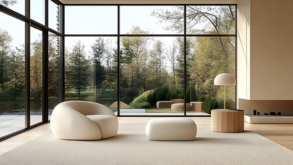 Modern minimalist living room design with large windows, featuring all white and light cream colors. The furnishings are minimalist, plush chairs set near side tables with lamps.