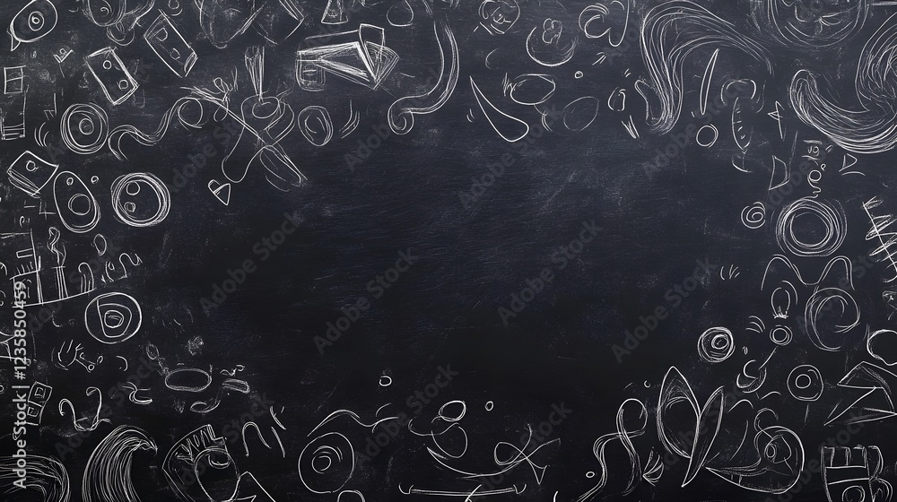 Poster Chalkboard or blackboard background with various doodles sketches scribbles patterns and geometric elements  The abstract creative and textured design can be used for education learning teaching