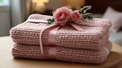 Name embroidery blanket folded in gift box, knit.