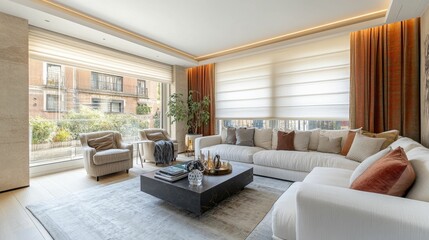 Fototapeta premium Luxurious living room, city view, modern design.