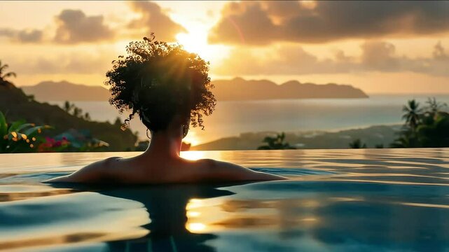 Tranquil sunset retreat: woman enjoying infinity pool with ocean view