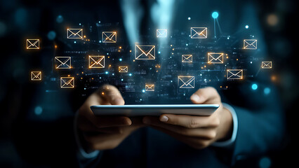 New email notification concept for business email communication and digital marketing. businessman touching email on virtual screen. technology