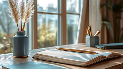 Notebook and pen on a study table with a window in the background. This room features a modern minimalist style