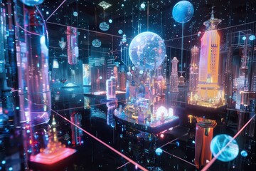 Obraz premium Futuristic Floating Mansion in Holographic Landscape