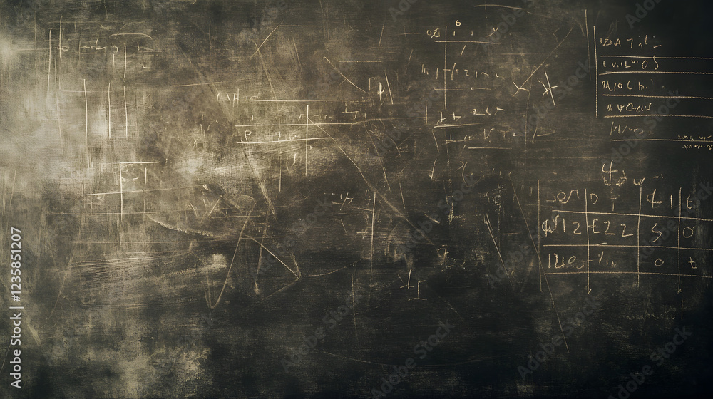 Fototapete chalkboard with messy math equations and formulas for academic learning and education vintage grungy
