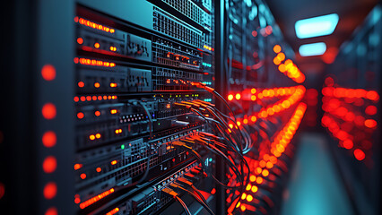 Server room with routers, cables, servers, IOT, very detailed, hyper quality