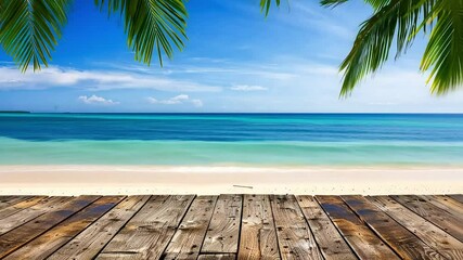 Tranquil tropical beach view with ocean waves and palm leaves - perfect for relaxing getaway scenes