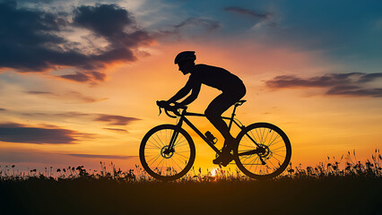 Silhouette of a man cycling with complete safety accessories, sunset background.