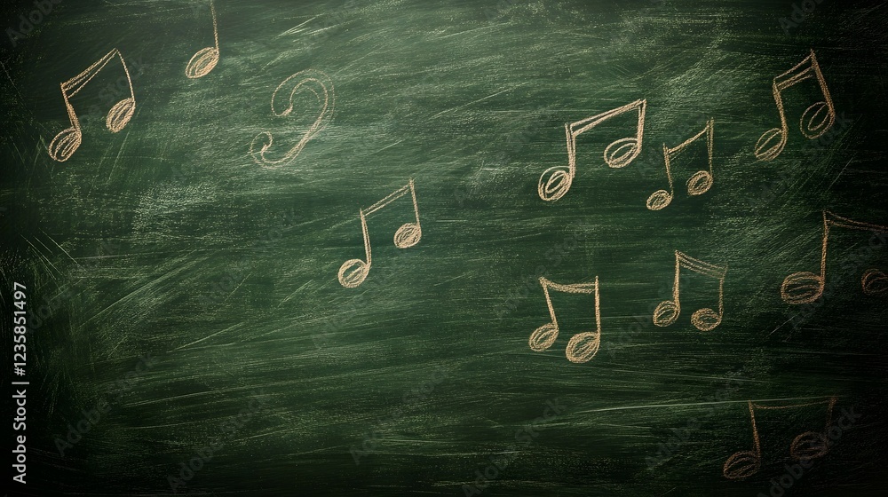 Poster chalkboard with musical notes and symbols representing the creative and educational elements of musi