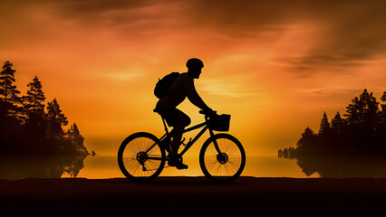 Silhouette of a man cycling with complete safety accessories, sunset background.