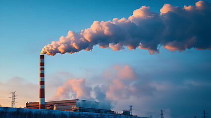 Smoke from factory chimneys on blue sky, industrial factory, environmental pollution. 