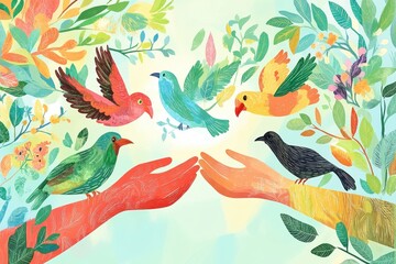 Naklejka premium Colorful Birds Surround Helping Hands In Lush Foliage