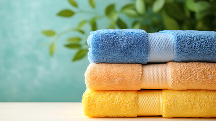 Stack of colorful towels on a cream wooden table with a blurry background.
