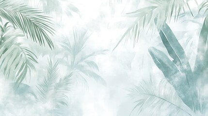 Misty tropical palm leaves background.