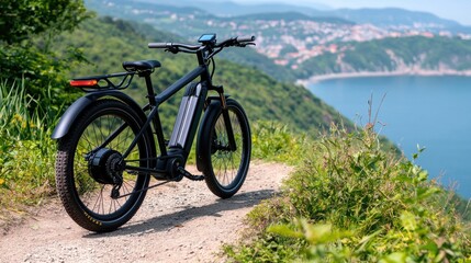 Obraz premium Futuristic electric bike adventure on scenic eco-friendly trail coastal landscape outdoor nature exploration
